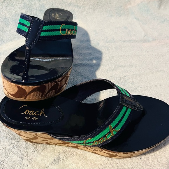 Coach Gabriela Green Stripe Webb Platform Wedge Sandals Preowned. - Picture 4 of 5